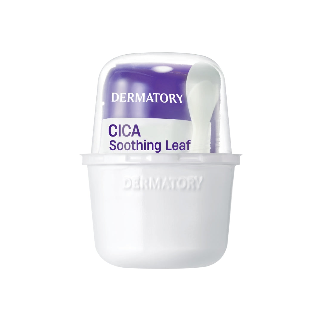 Dermatory Cica Soothing Leaf Gel Modeling Pack 66g, a calming skincare mask with leaf extract in a jar.