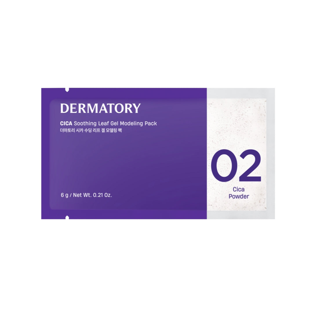 Dermatory Cica Soothing Leaf Gel Modeling Mask, 66g, showing the green gel mask in a container with leaf design.