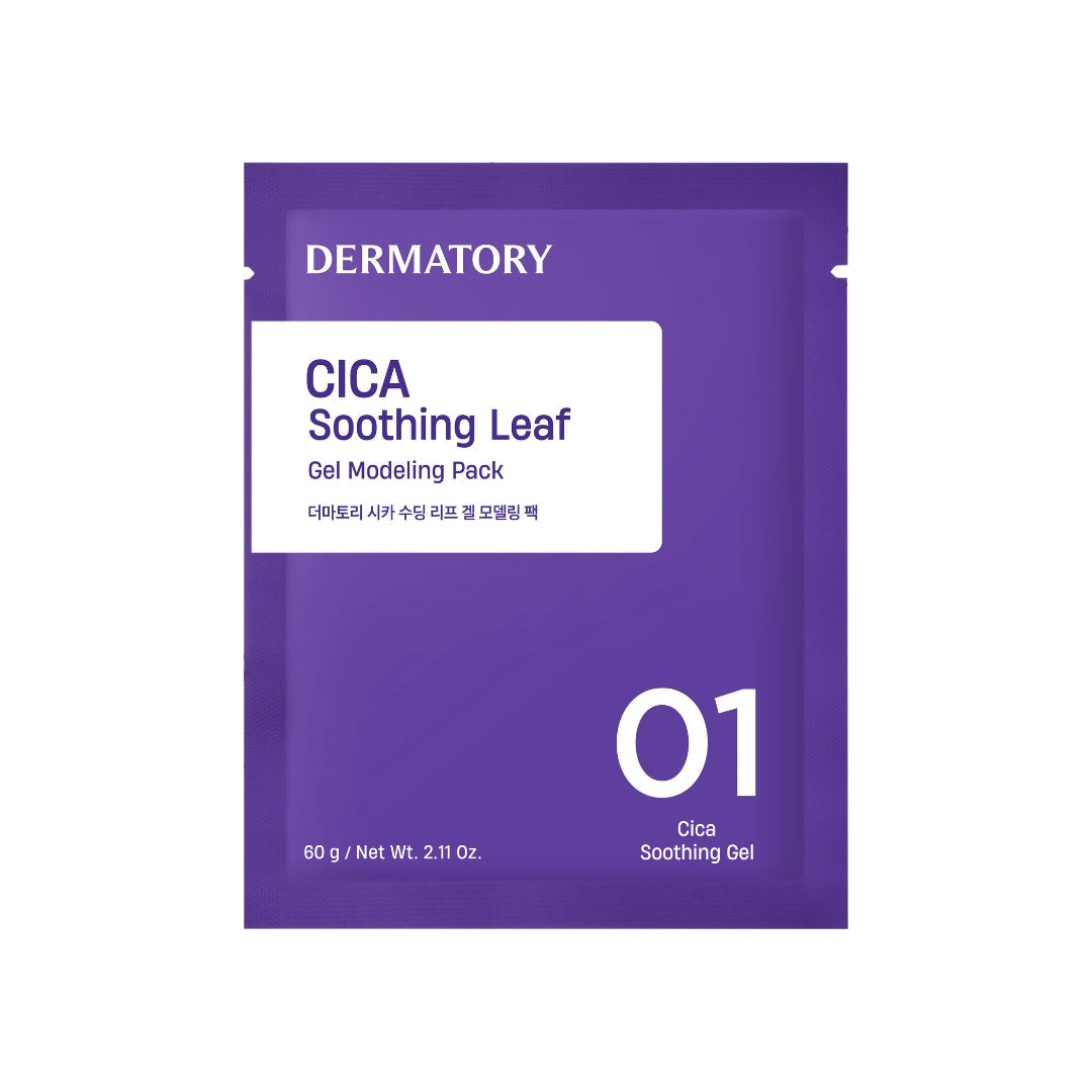 Dermatory Cica Soothing Leaf Gel Modeling Mask pack showing a jar of 66g soothing, gel-based facial mask with leafy design.