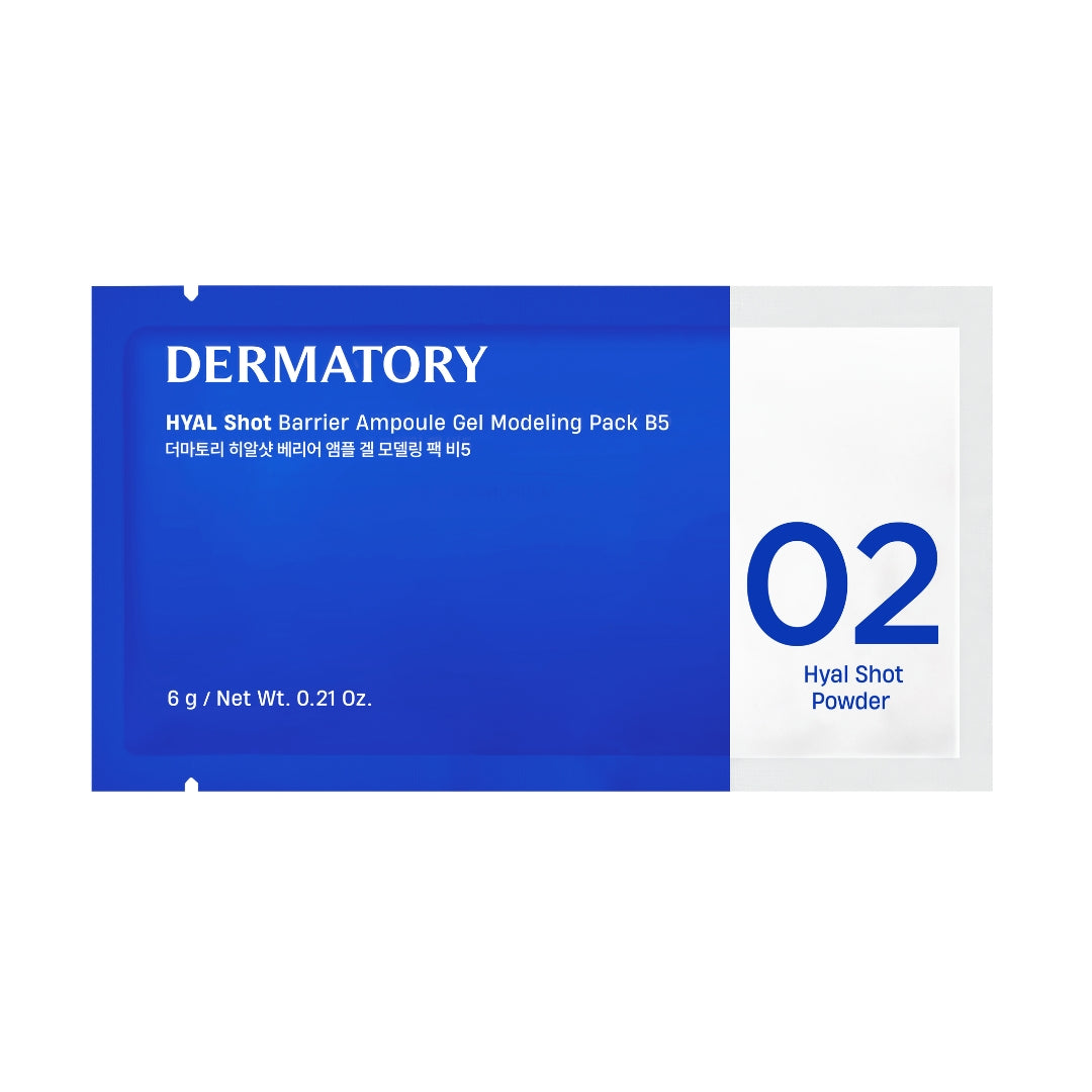 Dermatory Hyal Shot Barrier Ampoule Gel modeling mask pack in a 66g container, shown with application surface and packaging.