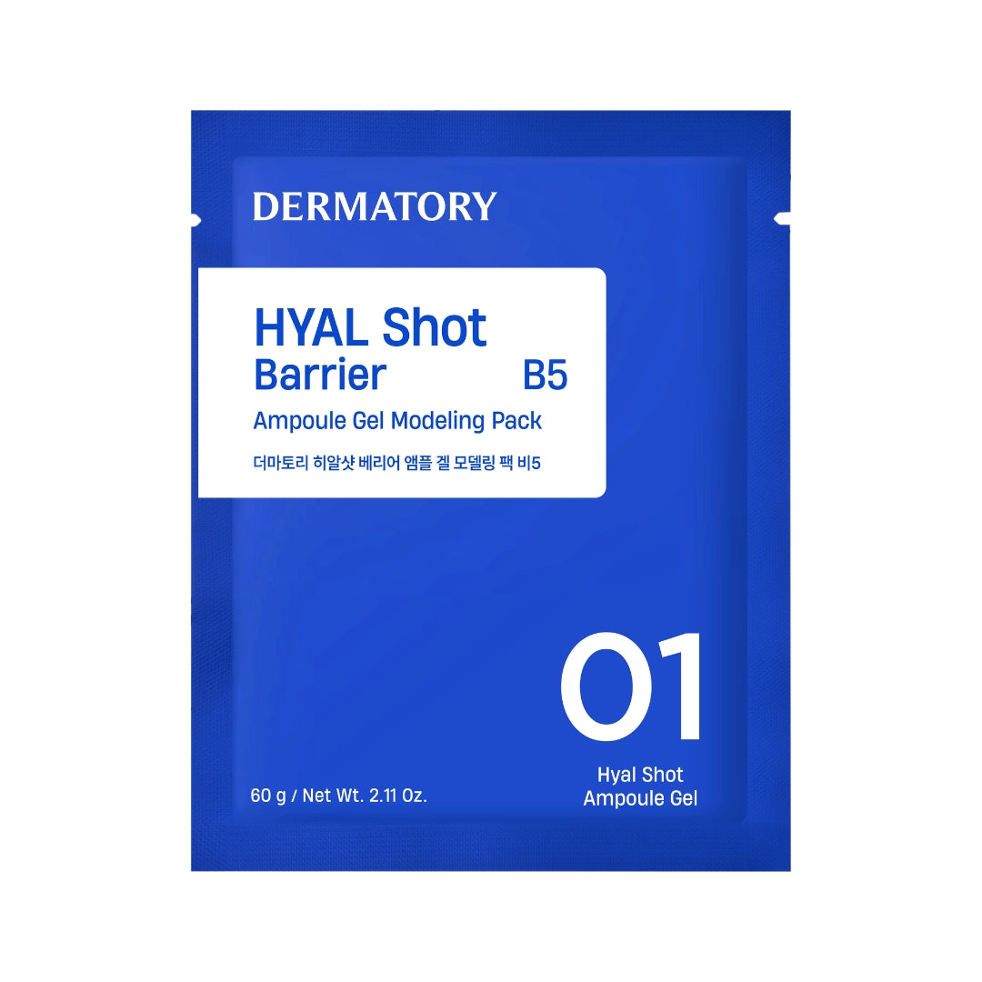Dermatory Hyal Shot Barrier Ampoule Gel modeling mask pack with B5, 66g, showing the gel and packaging for skincare treatment