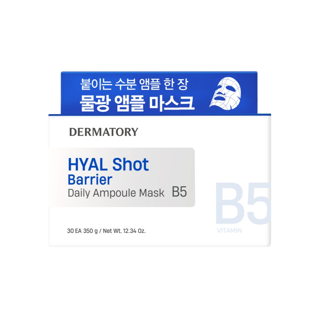 Dermatory Hyal Shot Barrier Daily Ampoule Mask B5 sheet mask, 30-pack, with hydrating and skin barrier benefits, displayed in packaging.