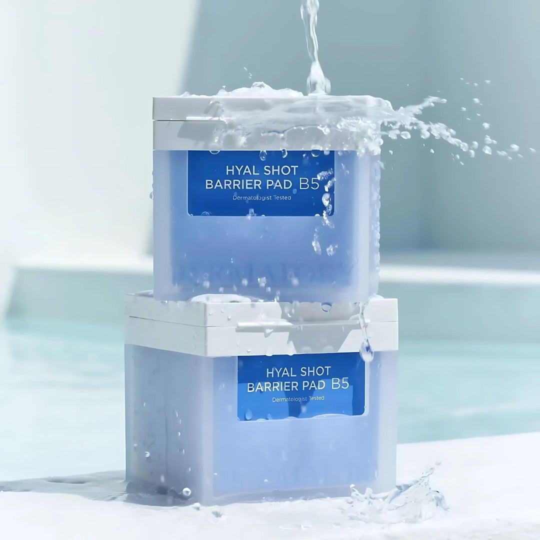 Dermatory Hyal Shot Barrier Pad B5 toner pads, 70 sheets, with hydrating and soothing ingredients for skincare.