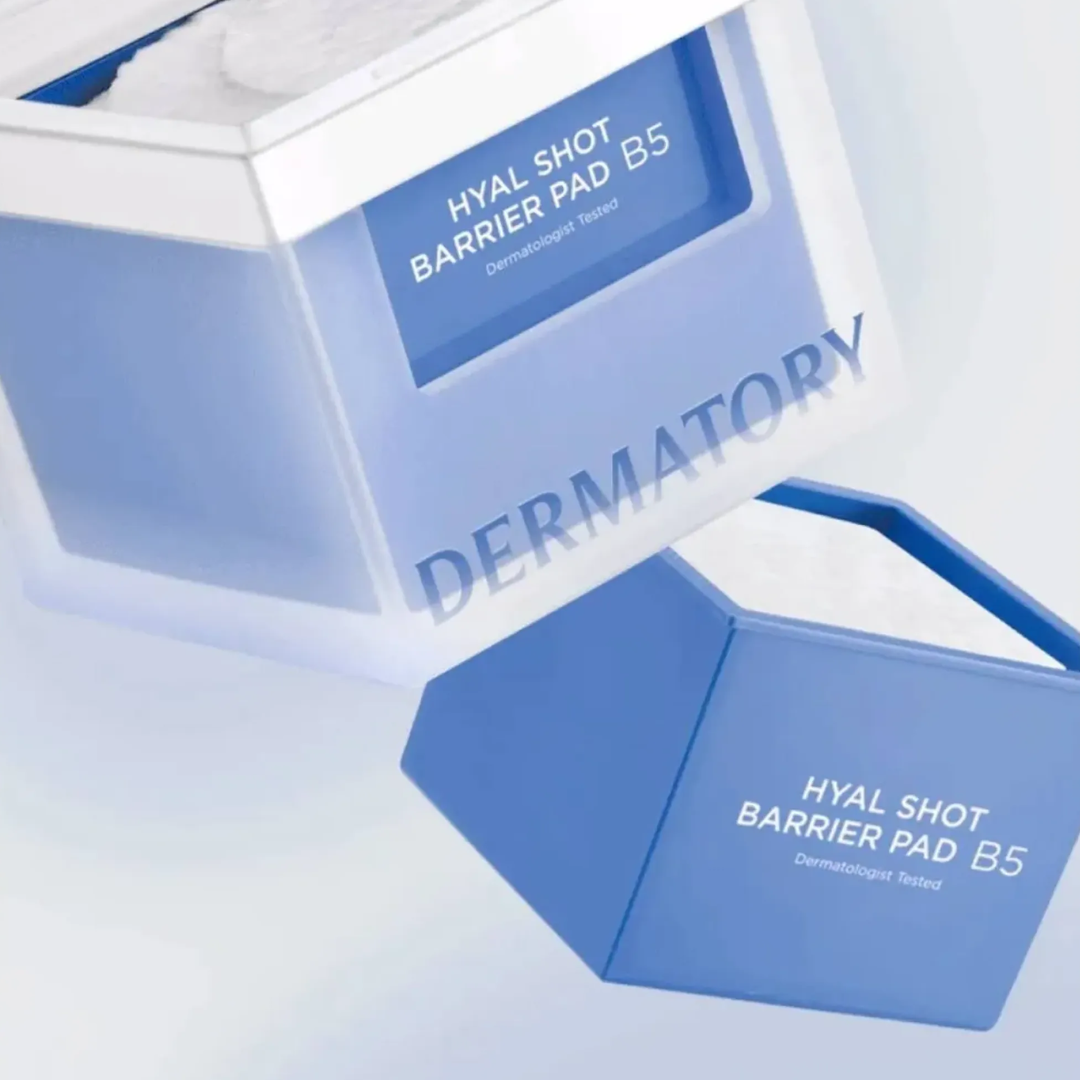 Dermatory Hyal Shot Barrier Pad B5 toner pads, 70-piece pack, with soothing ingredients and hydrating properties for skincare.