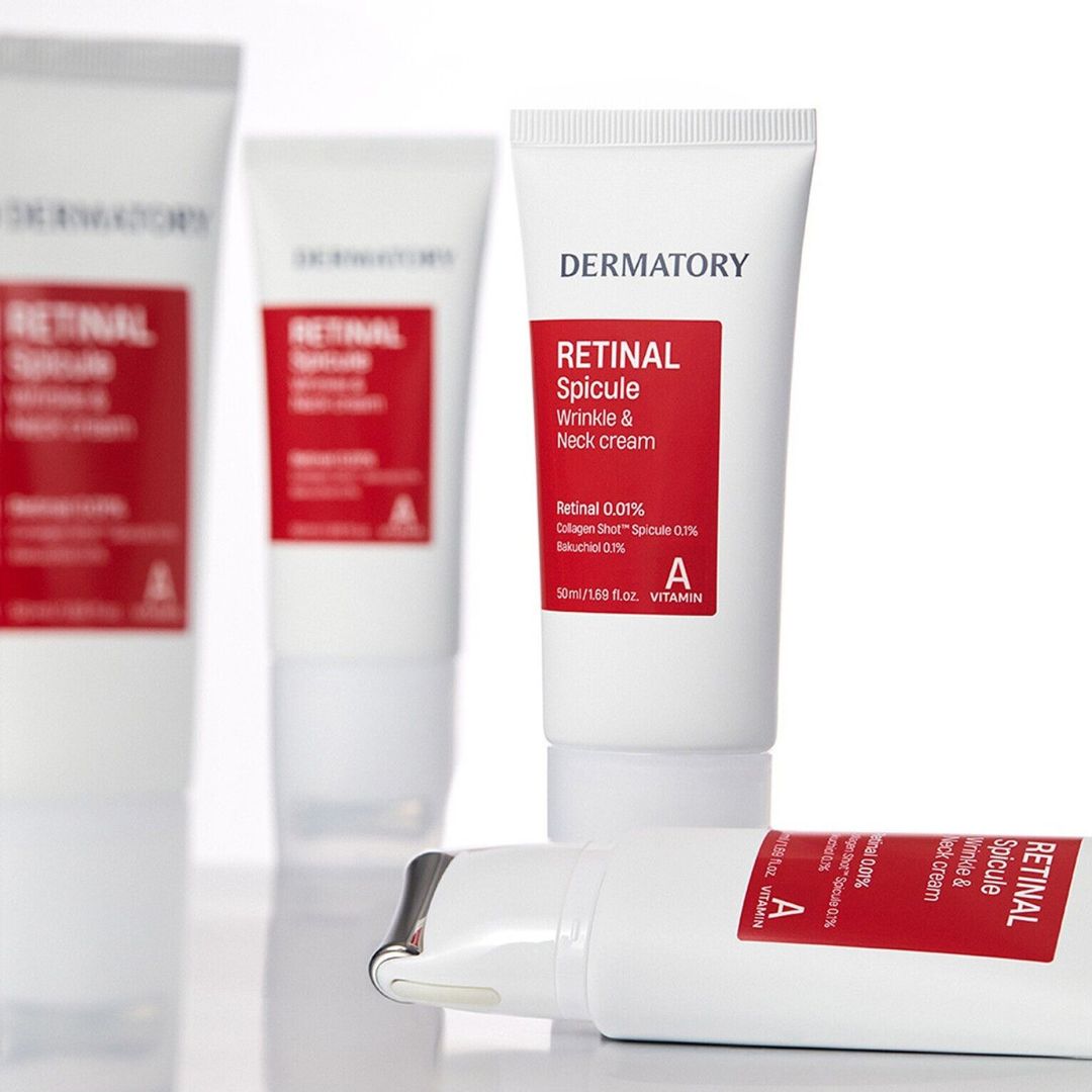 Dermatory Retinal Spicule Wrinkle & Neck Cream 50ml jar showing the cream in a sleek container with a white lid.