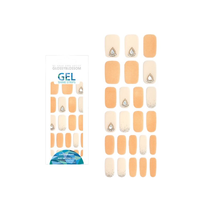 Glossy Blossom Dewdrop gel nail strips applied on nails, showcasing a glossy, translucent blue design for a stylish manicure.