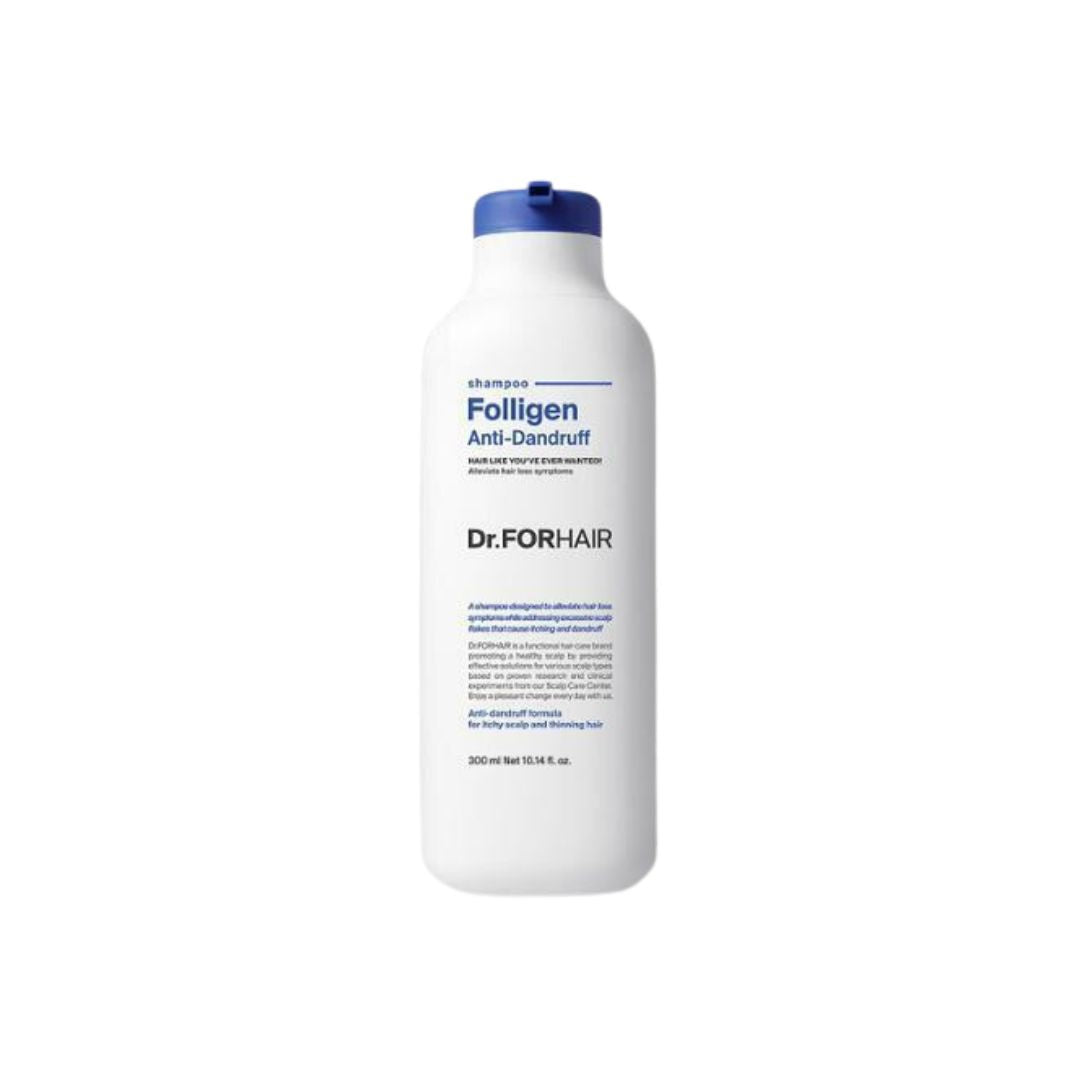 Dr. Forhair Folligen Anti-Dandruff Shampoo 300ml bottle with label, designed to combat dandruff and soothe scalp.