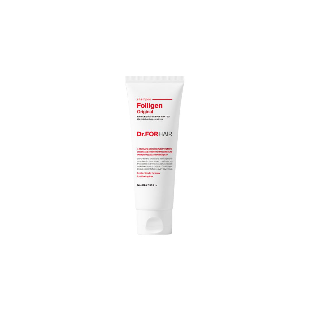 Bundle of Dr. Forhair Folligen Silk Shampoo 300ml and Folligen Original Shampoo 70ml bottles, featuring clear labels and pump caps.
