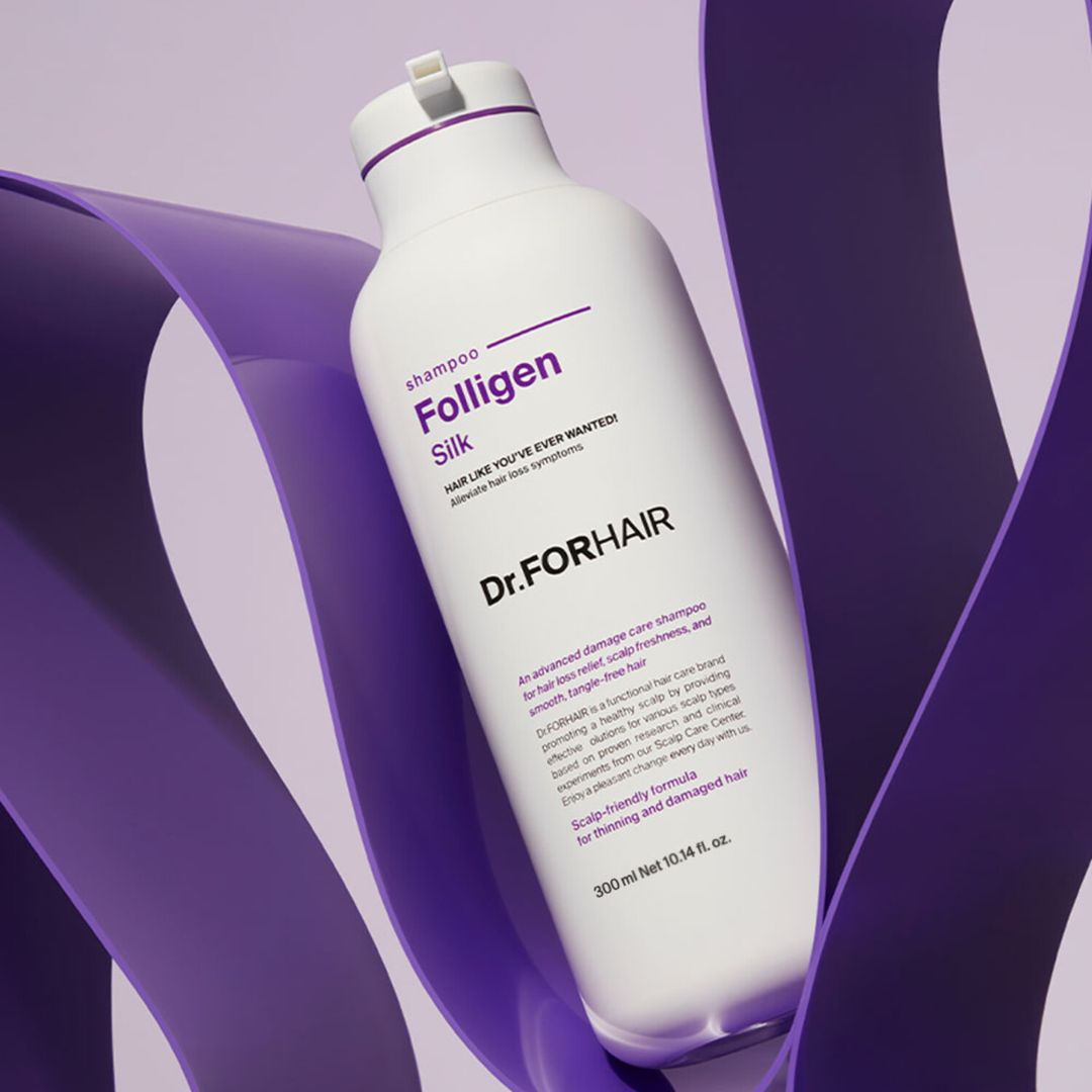 Twin pack of Dr. Forhair Folligen Silk Shampoo bottles, 300ml each, with sleek packaging and product labels visible.