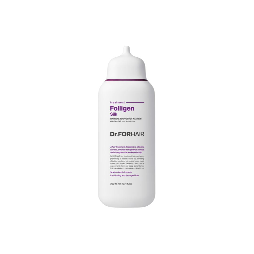 Dr. Forhair Folligen Silk Treatment conditioner bottle, 300ml, with smooth silk formula for hair nourishment and treatment.