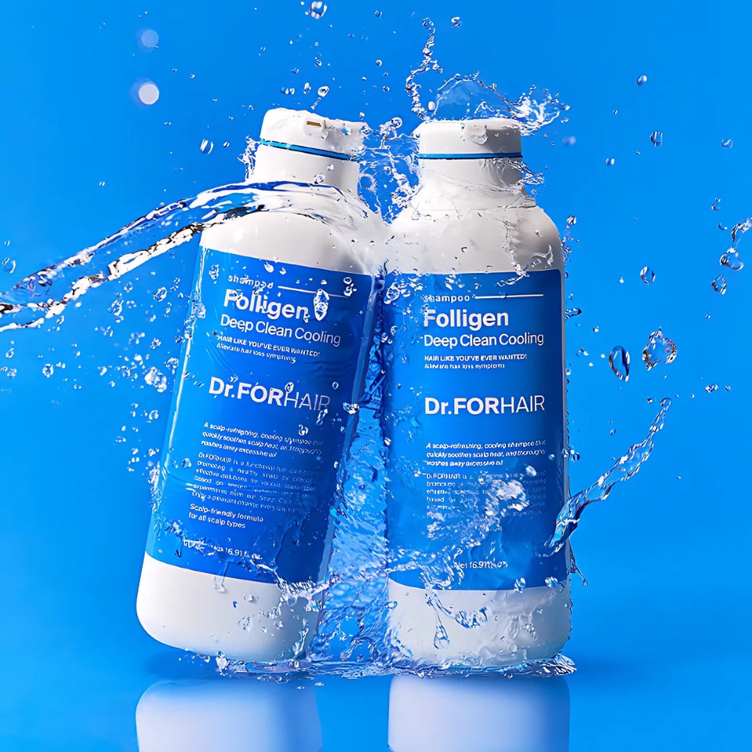Dr.Forhair Folligen Deep Clean Cooling Shampoo 300ml bottle with label, clear cap, and product branding visible.
