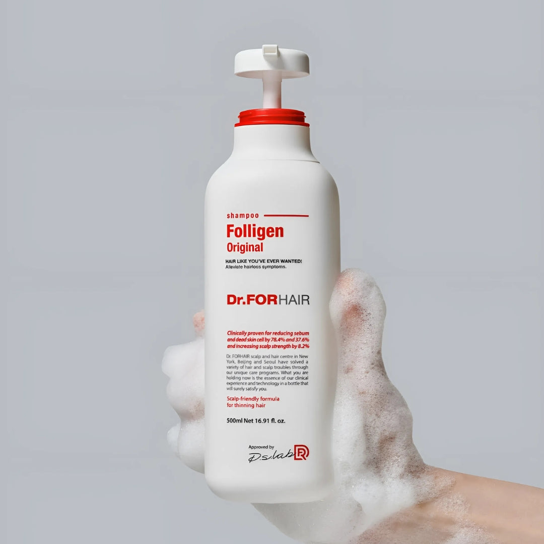 Dr.Forhair Folligen Shampoo 300ml bottle, clear liquid shampoo with a white cap, designed for scalp and hair care.