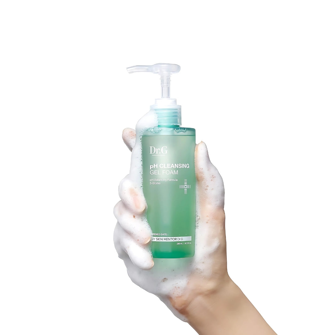 Dr. G pH Cleansing Gel Foam in a 200ml bottle, featuring a gentle foam cleanser with a clear gel texture for skincare.