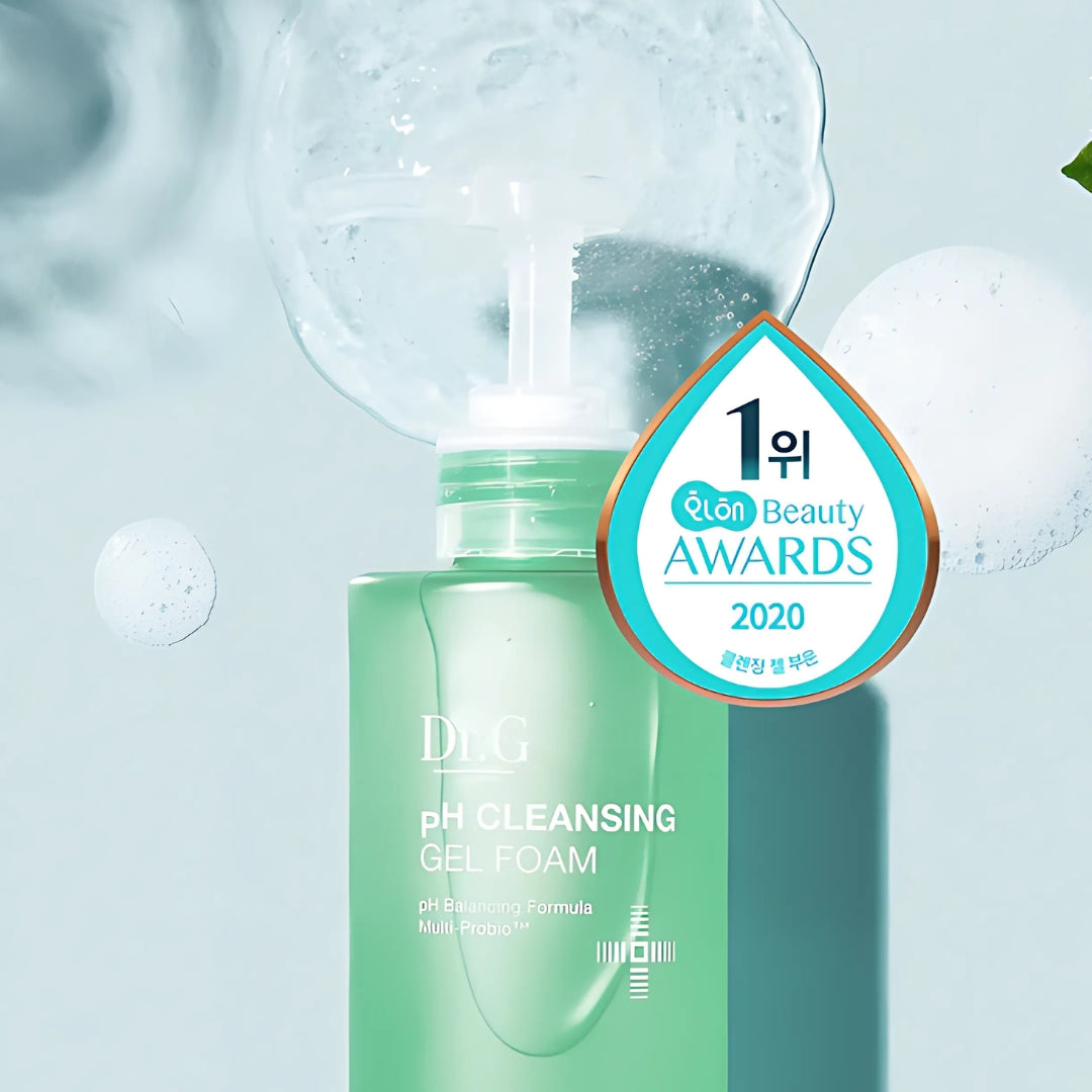 Dr. G pH Cleansing Gel Foam in a 200ml bottle, showing the clear gel foam cleanser with a pump dispenser for gentle skin cleansing.