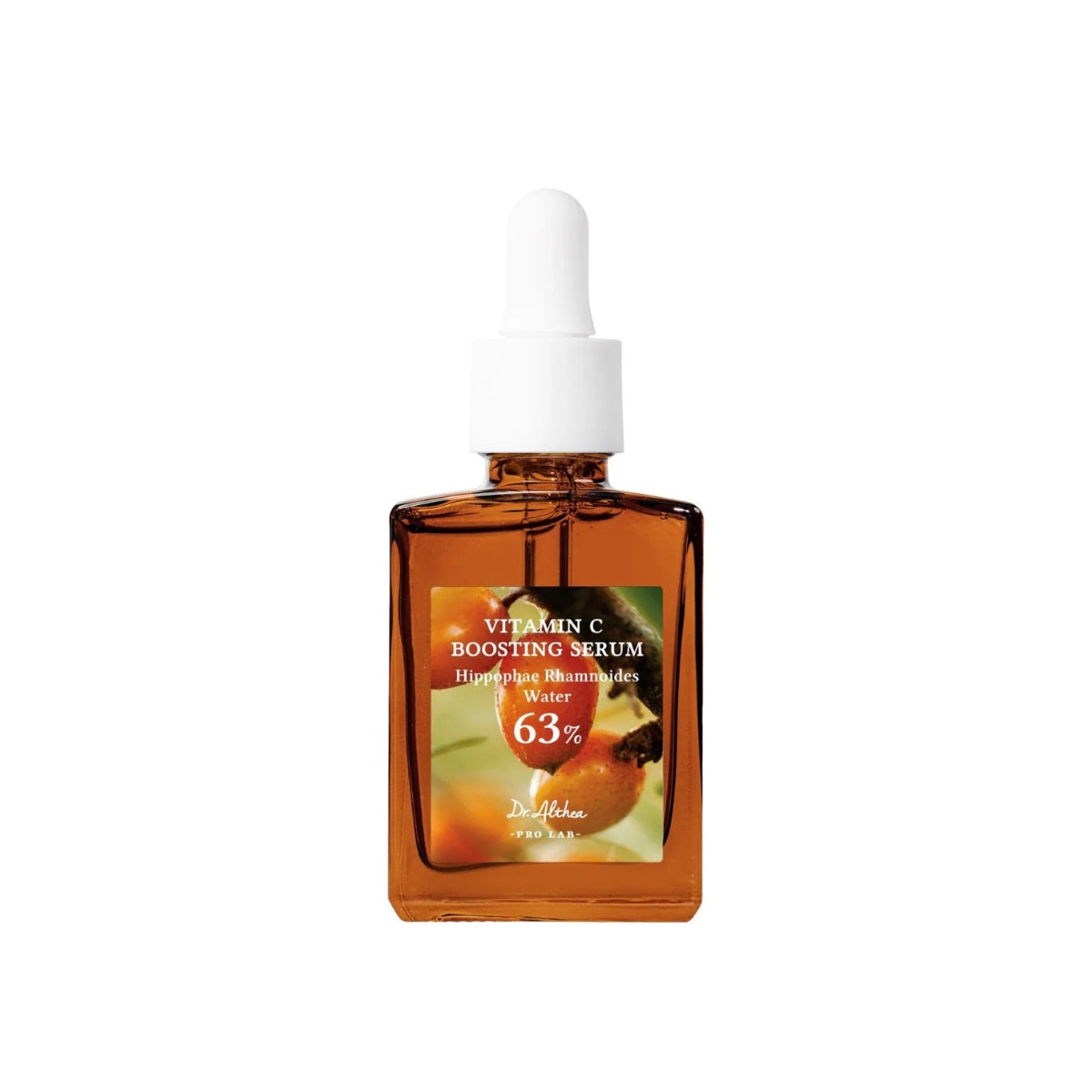 Dr. Althea Vitamin C Boosting Serum 30ml bottle with dropper, clear liquid, and white label featuring brand and product details.