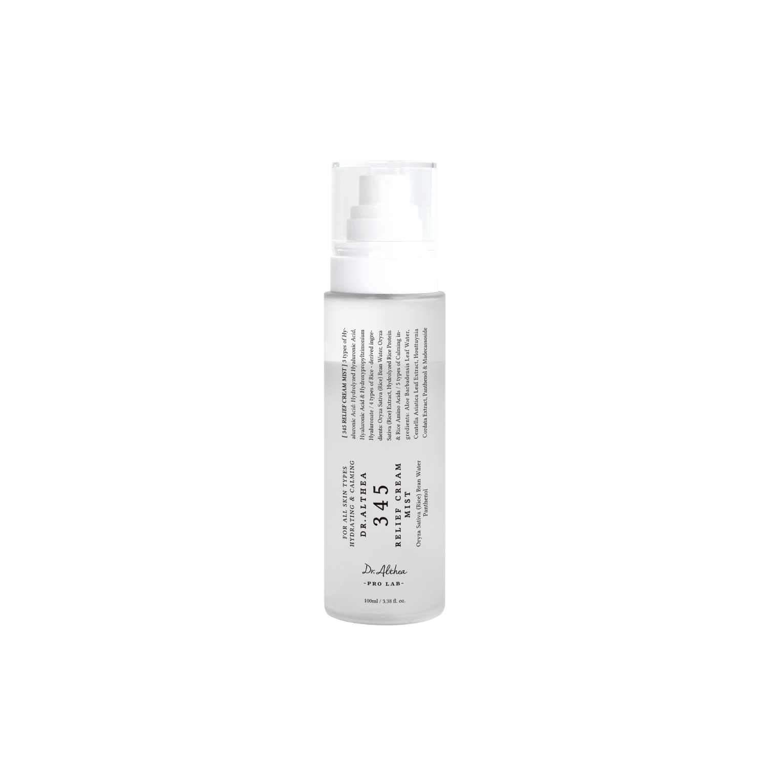Dr. Althea 345 Relief Cream Mist 60ml, face mist with soothing ingredients, in a clear spray bottle with a white cap.