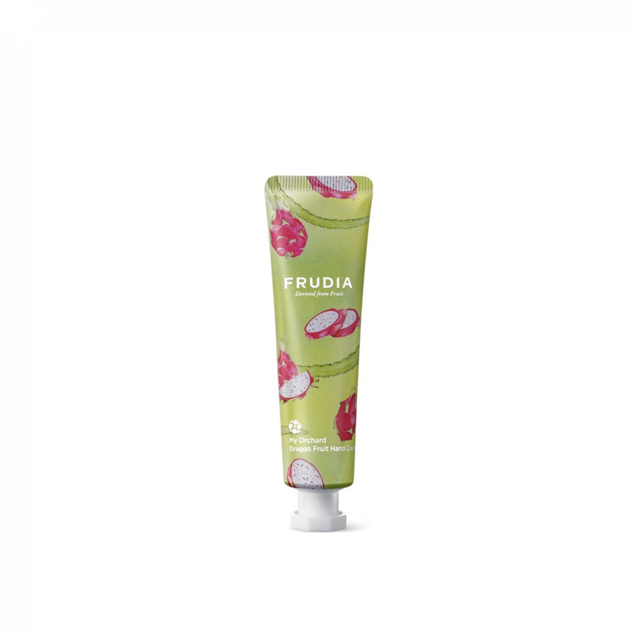 Frudia My Orchard Hand Cream with dragon fruit extract, showing a tube of nourishing hand cream with vibrant dragon fruit in the background.