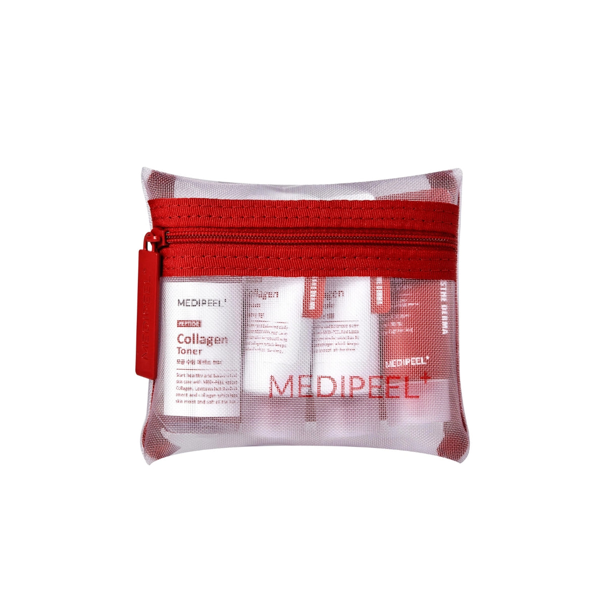 Red MEDIPEEL+ Lacto Collagen Skin Care Trial Kit gift set with small jars and bottles, ideal for skincare sample collection.