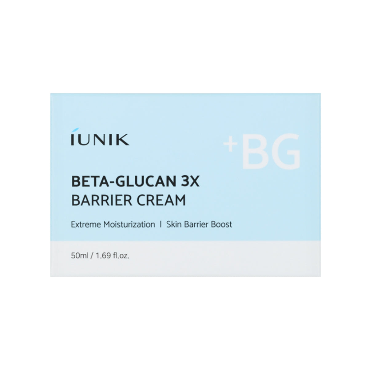 iUNIK Beta Glucan 3X Barrier Cream face moisturizer in a 50ml jar, showcasing smooth, creamy texture and hydrating formula
