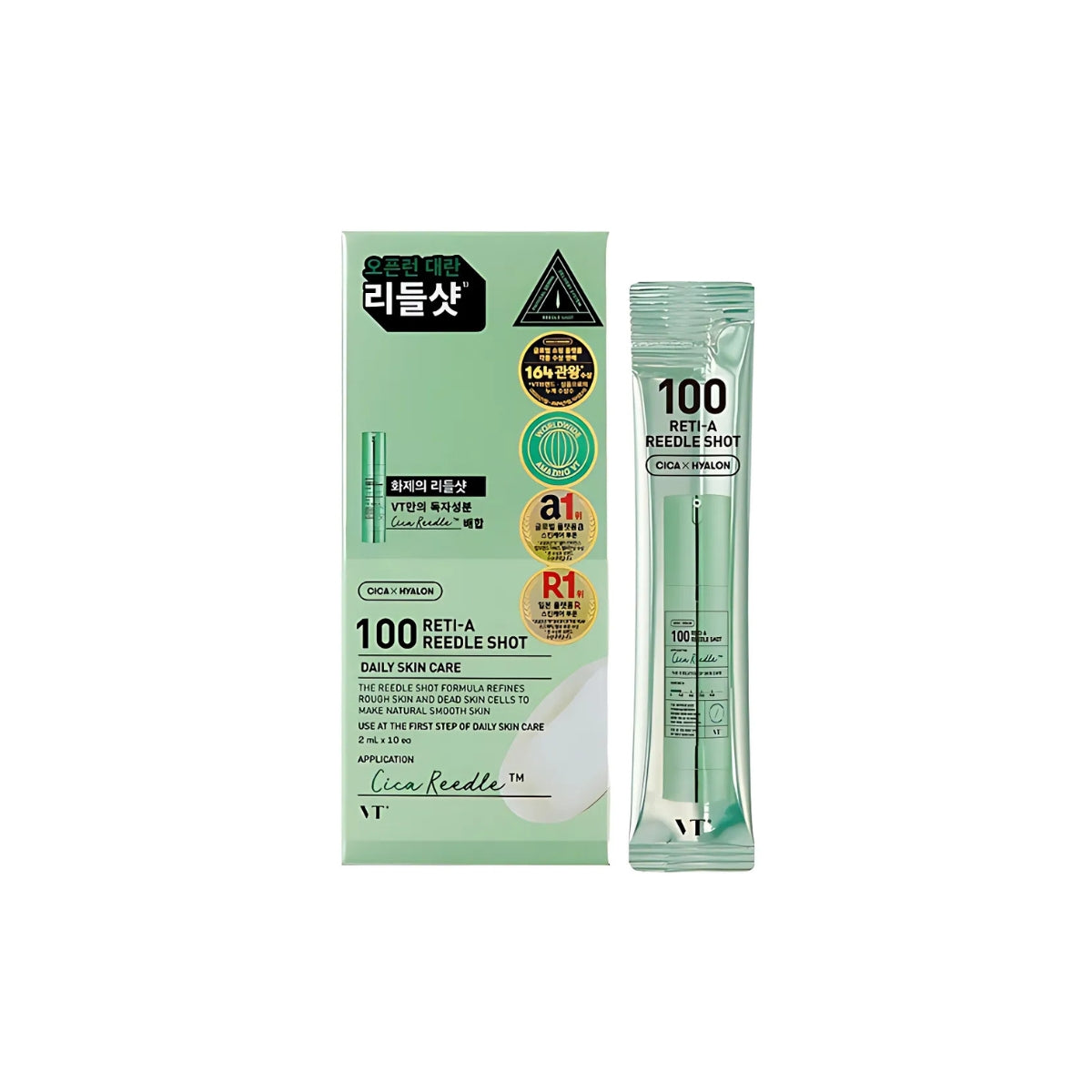VT Cosmetics Reti-A Reedle Shot serum bottles, 10-pack, with clear dropper caps and sleek packaging, on a white background.