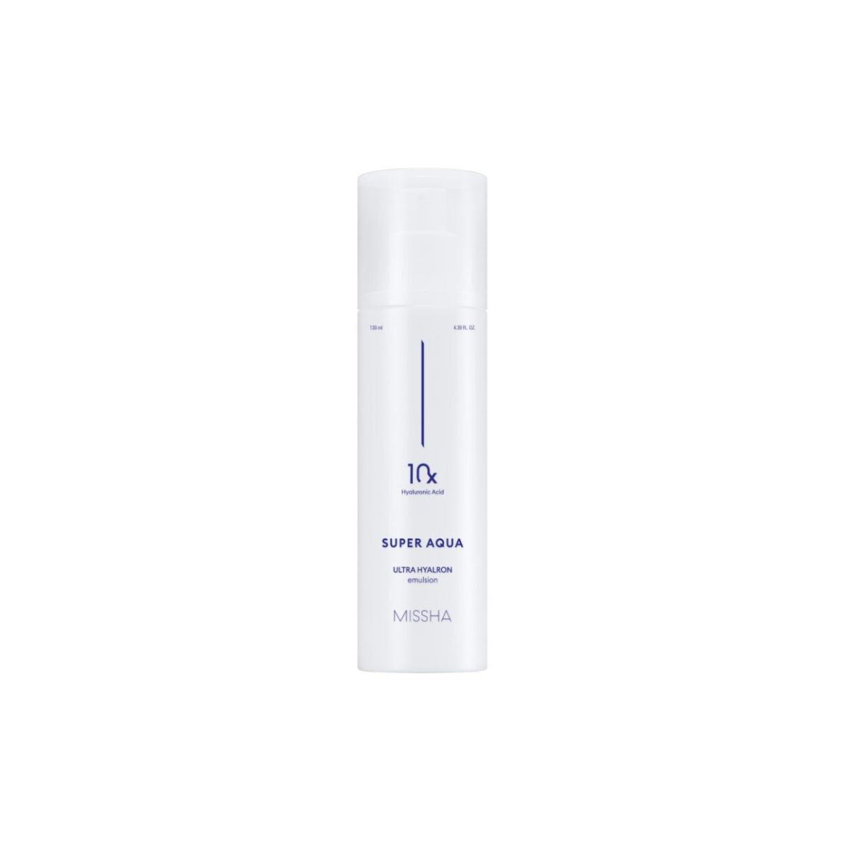Missha Super Aqua Ultra Hyalron Emulsion 130ml face moisturizer bottle with clear packaging and pump dispenser.