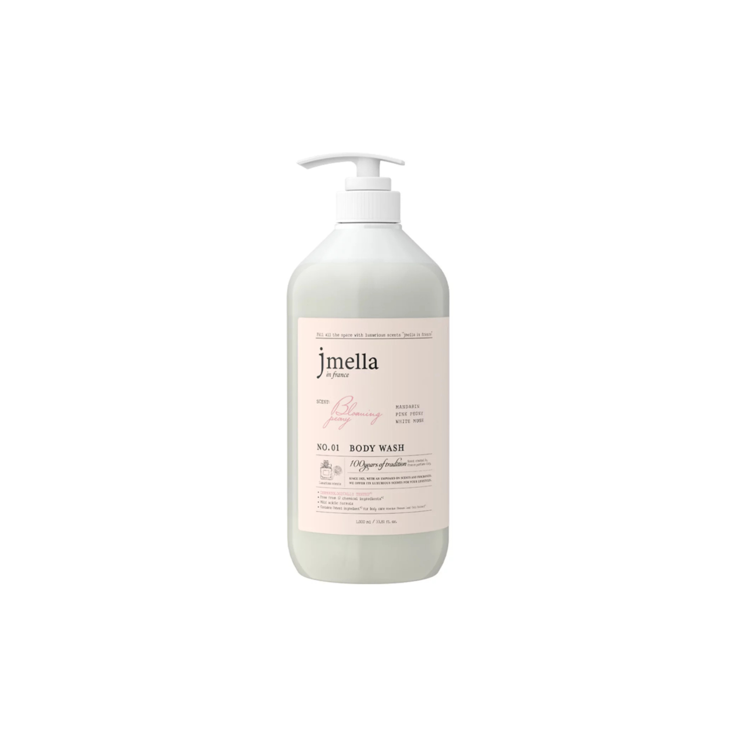 Jmella Blooming Peony body wash and scrub with floral peony scent and moisturizing formula, in a transparent bottle.