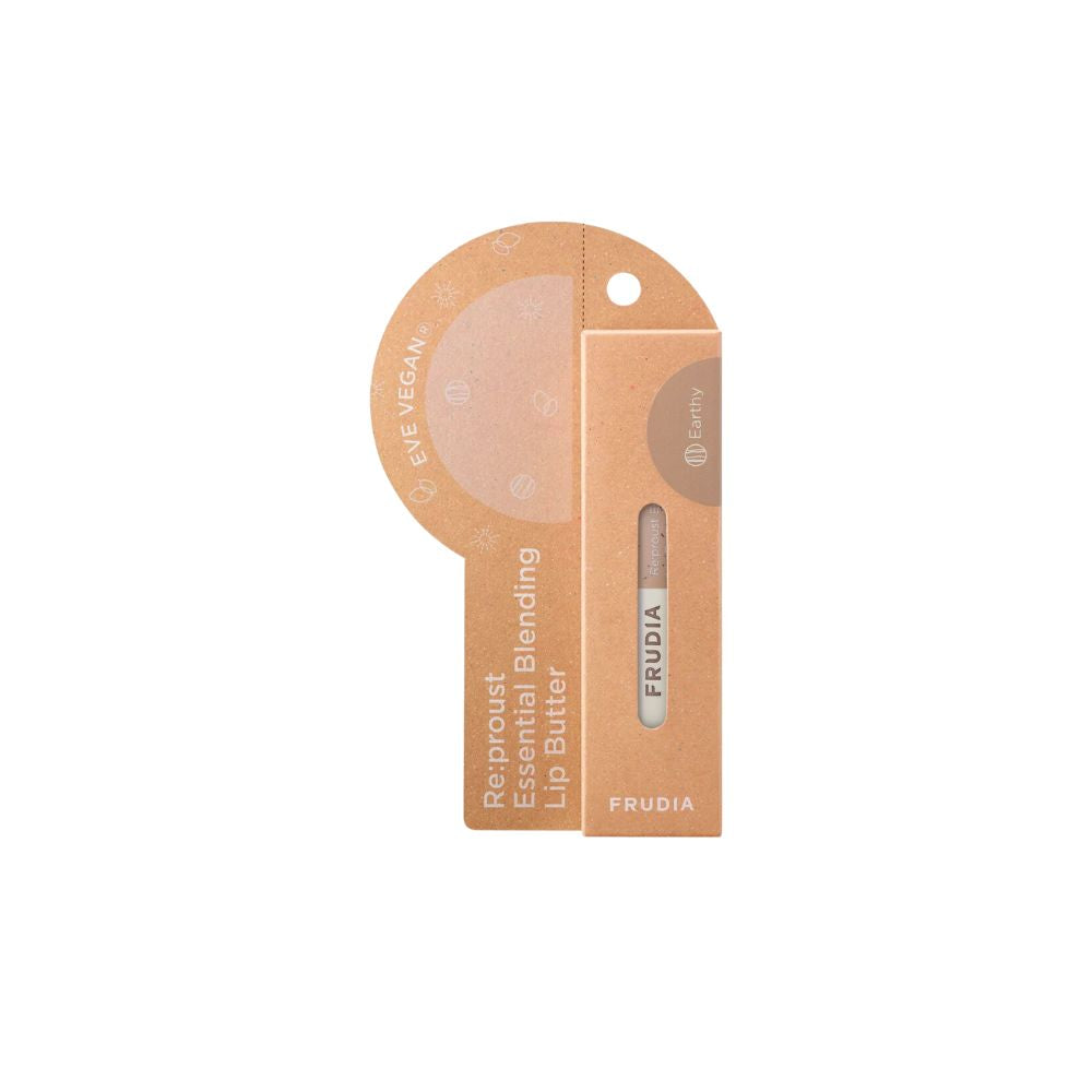 Frudia Re:proust Essential Blending Lip Butter Earthy 10g in a small jar with a natural, earthy-colored lid and label.