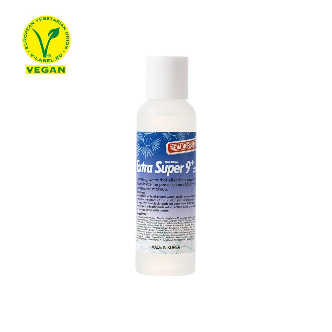 MEDIPEEL+ Extra Super 9 Plus 2.0 exfoliant in a 100ml bottle, featuring a clear liquid with a white cap and label.