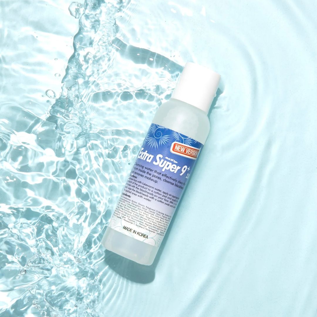 MEDIPEEL+ Extra Super 9 Plus 2.0 exfoliant and scrub in 100ml bottle, featuring a clear liquid with a smooth texture.