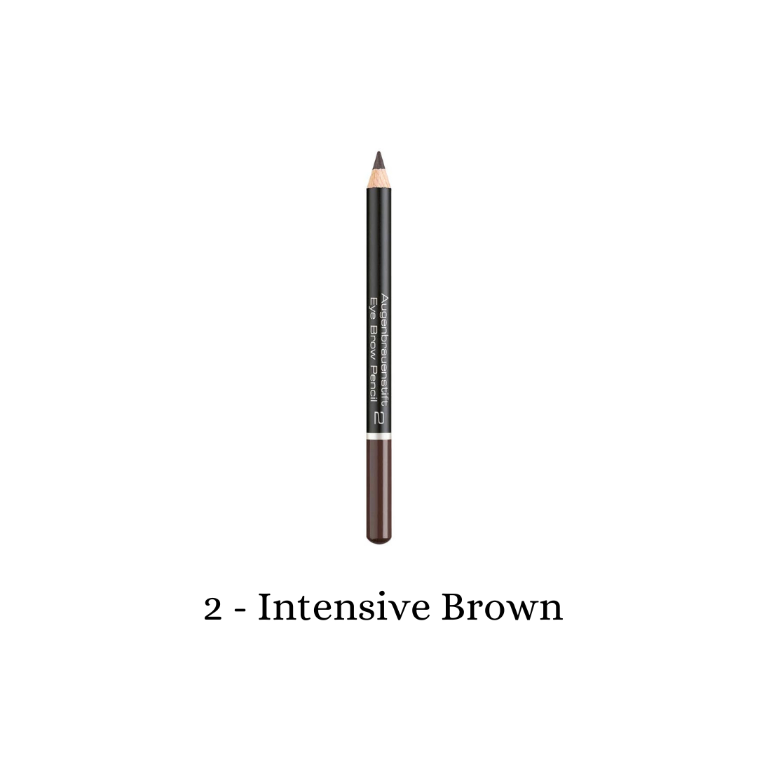 ARTDECO eyebrow pencil in intensive brown showing the pencil tip and packaging with natural eyebrow styling.