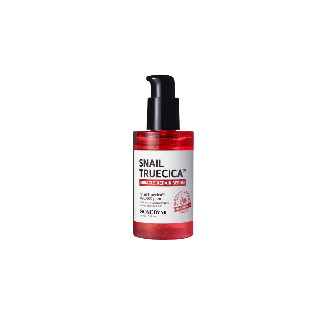 Some By Mi Snail Truecica Miracle Repair Serum bottle with dropper, 50ml, shown next to a makeup eyeliner in the image.
