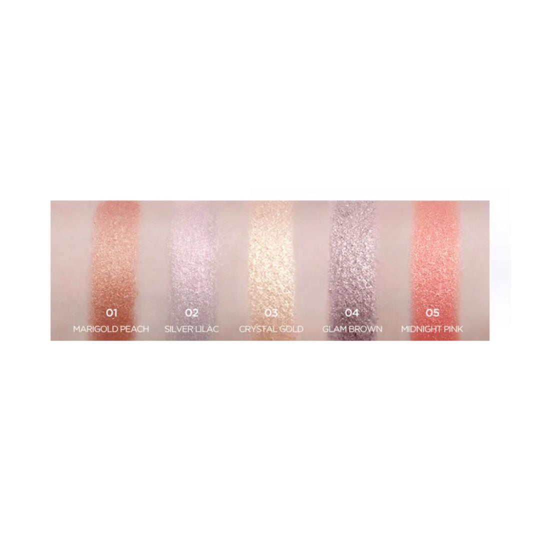Klavuu Urban Pearlisation Sparkle Eyeshadow swatch showing five shimmering eyeshadow colors on skin.