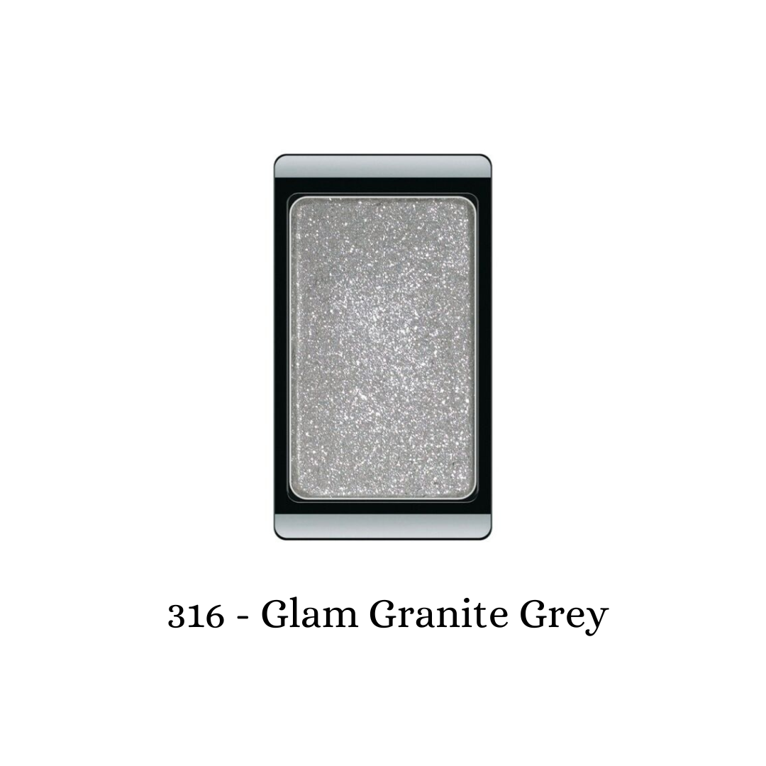 ARTDECO Eyeshadow Glam in Granite Grey showing a close-up of the shimmering grey eyeshadow palette with a textured surface.