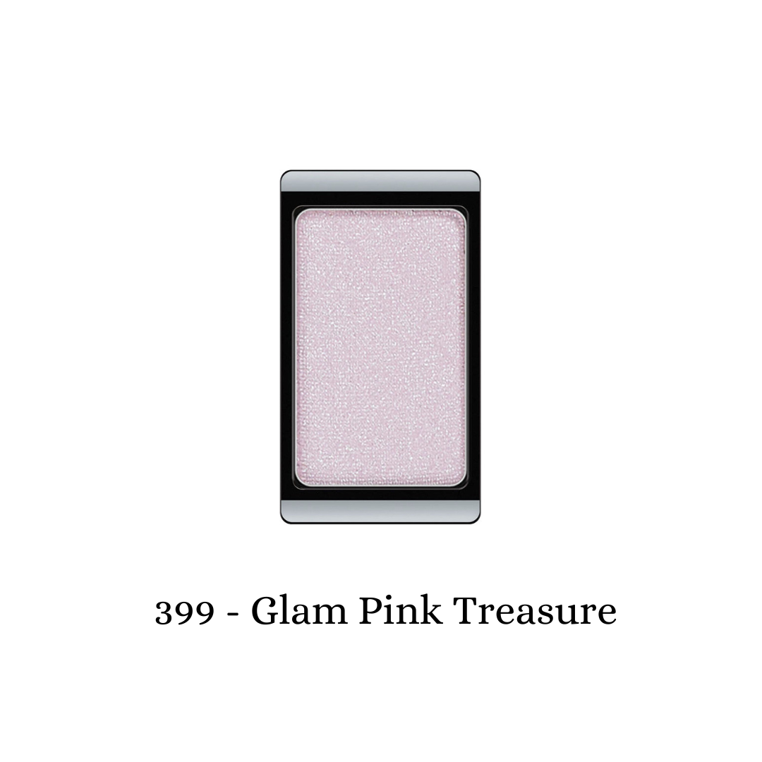 ARTDECO Eyeshadow Glam in Glam Pink Treasure with shimmering pink and gold tones, showcased in a sleek compact.