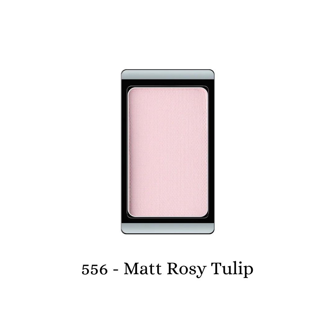 ARTDECO matte eyeshadow in Rosy Tulip shade, showing a soft pink eyeshadow with smooth, velvety texture.