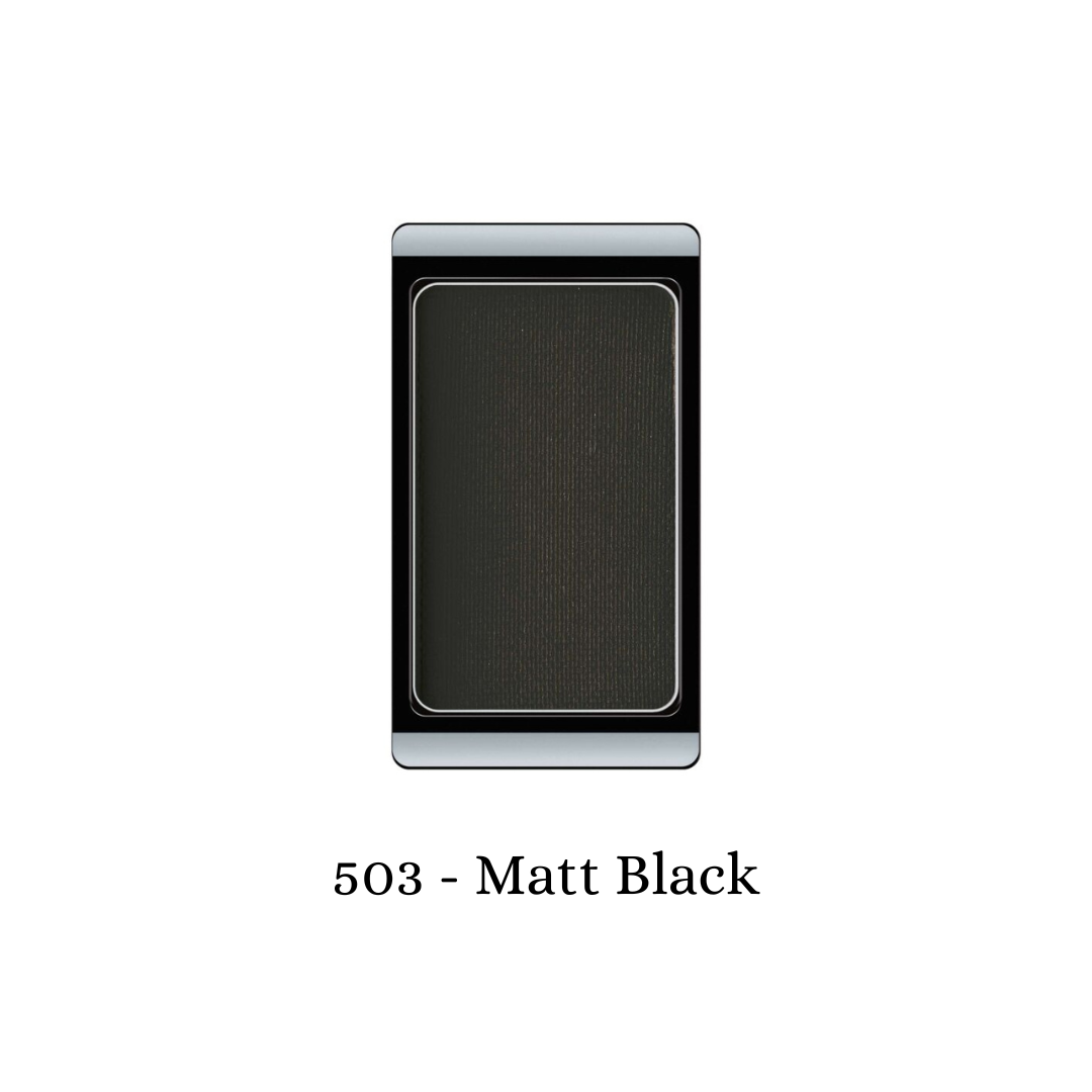 ARTDECO matte black eyeshadow in a sleek compact, showcasing its smooth, velvety texture and rich black color for eye makeup.