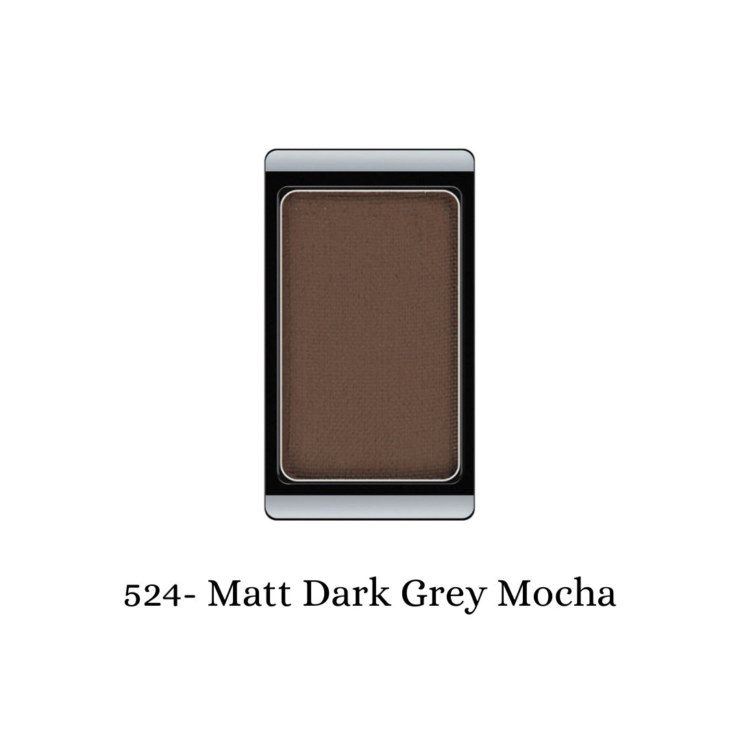ARTDECO matte eyeshadow in dark grey and mocha shades, showcasing a smooth, blendable eyeshadow palette with rich, pigmented colors.
