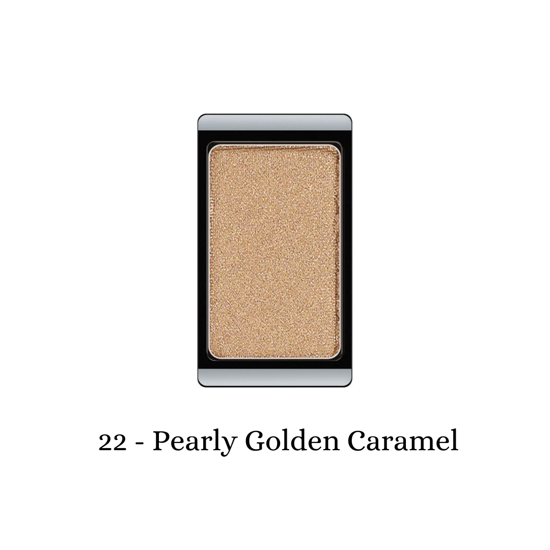 ARTDECO eyeshadow pearl in pearly golden caramel shade, showcasing a smooth, shimmering eyeshadow with a soft, reflective finish.