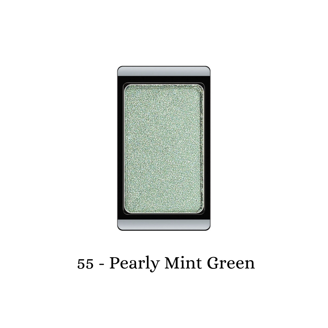 ARTDECO eyeshadow pearl in a shimmering mint green shade, showcasing its smooth, pearl-finish texture and vibrant color.
