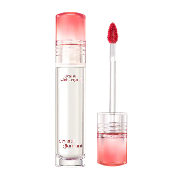 Clio Crystal Glam Tint lip tint in Fiery Rose, showing a vibrant pinkish-red lip color with a glossy finish.