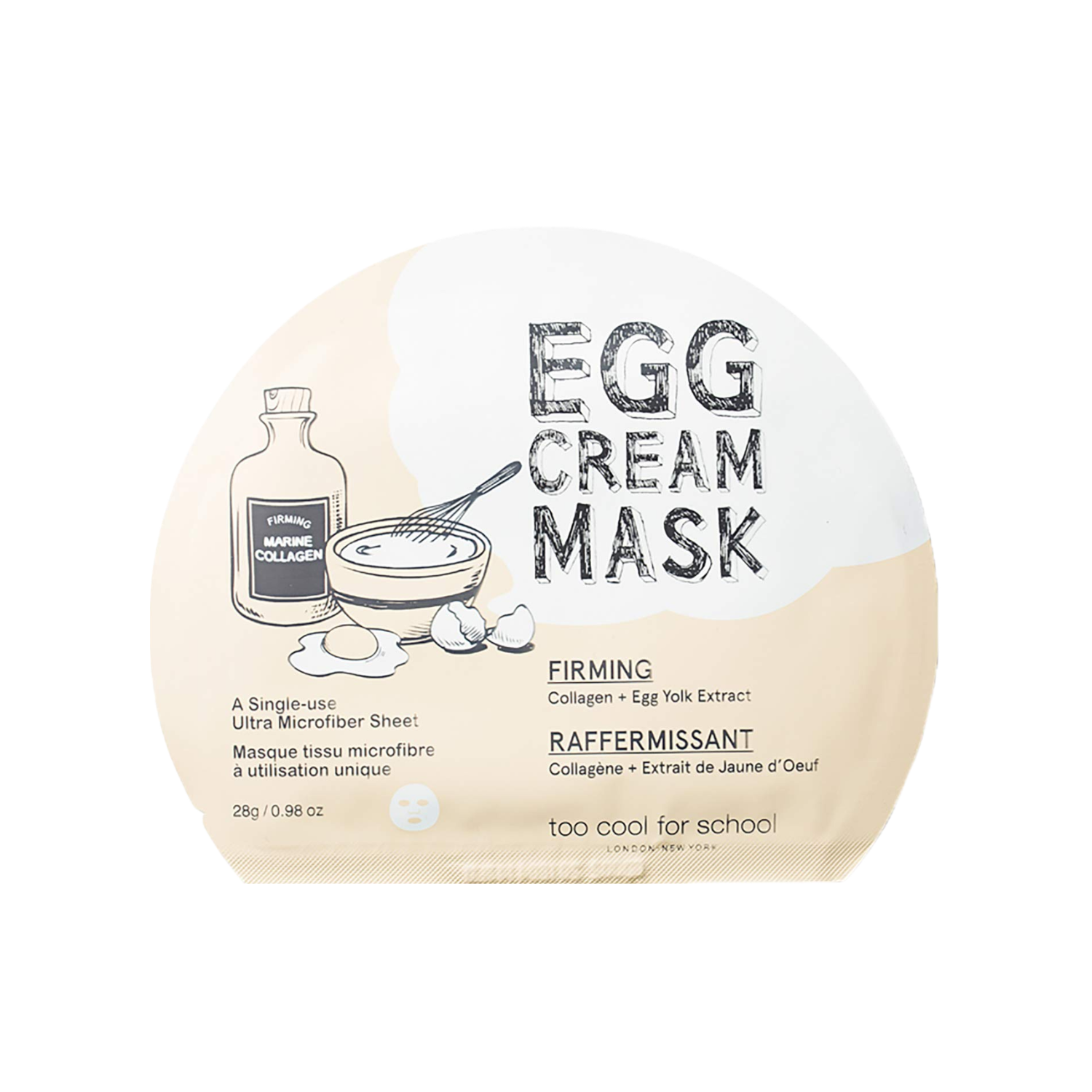 Too Cool For School Egg Cream Sheet Mask showing a close-up of the firming sheet mask with egg extract ingredients.