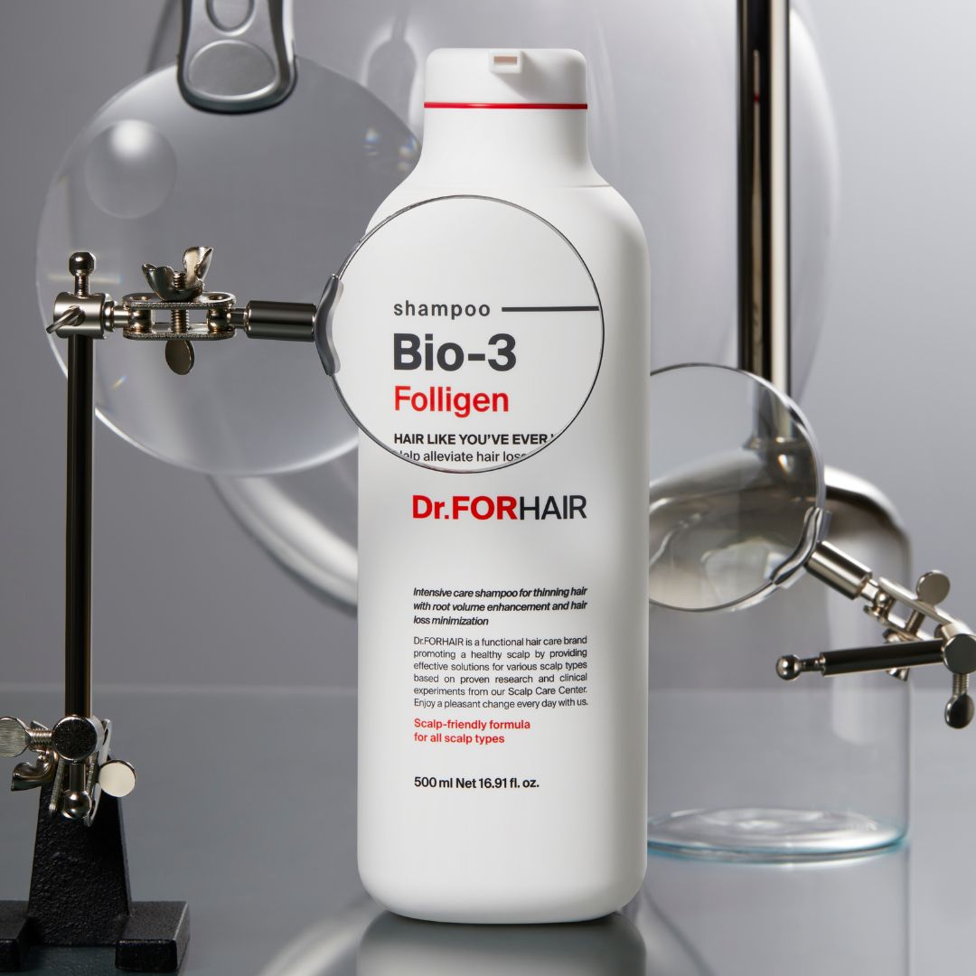 Dr.Forhair Folligen Bio 3 Shampoo 500ml bottle with label, thick clear liquid inside, designed for hair and scalp care.