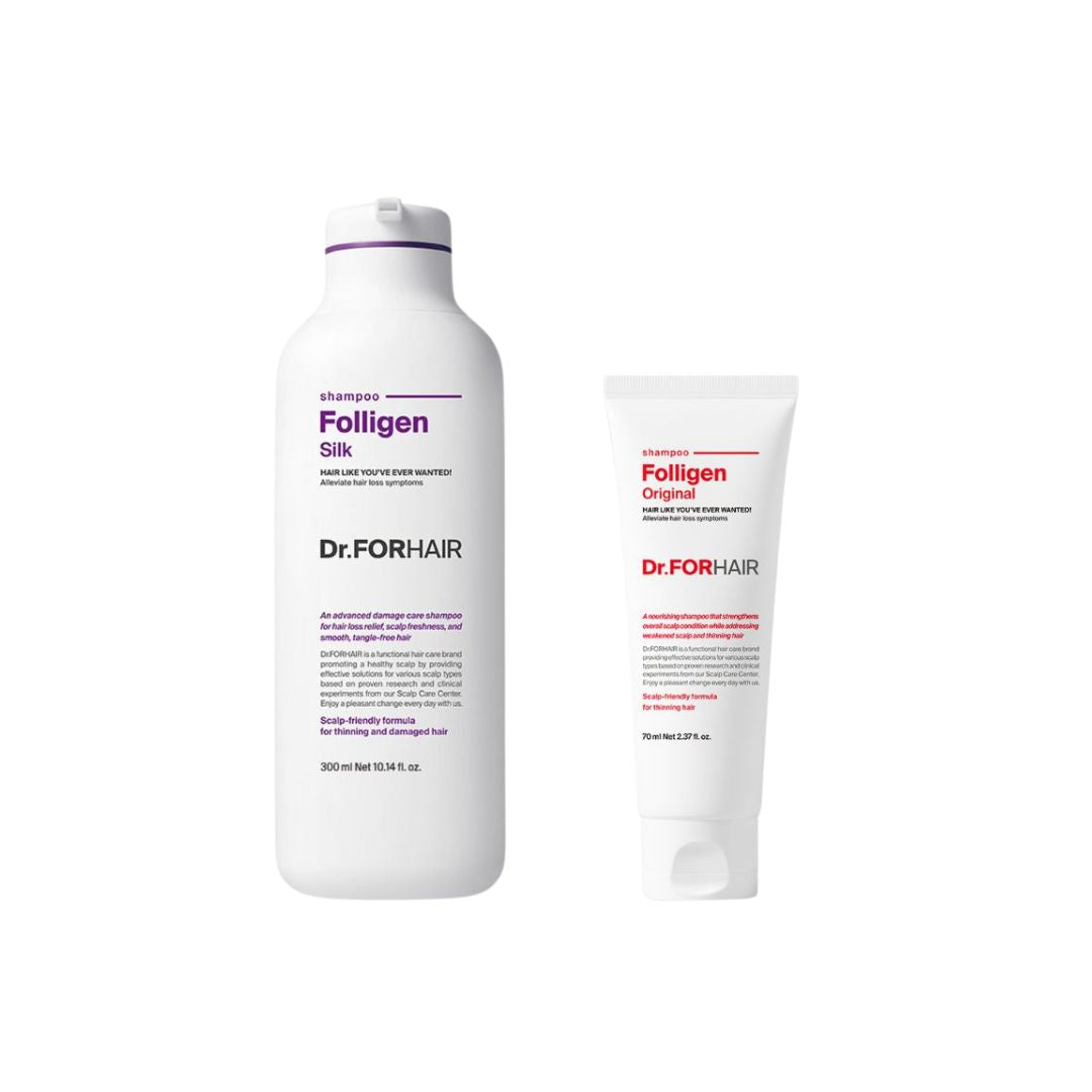 Dr.Forhair Folligen Silk Shampoo 300ml and Original Shampoo 70ml bundle, featuring nourishing hair care products with silk extracts.