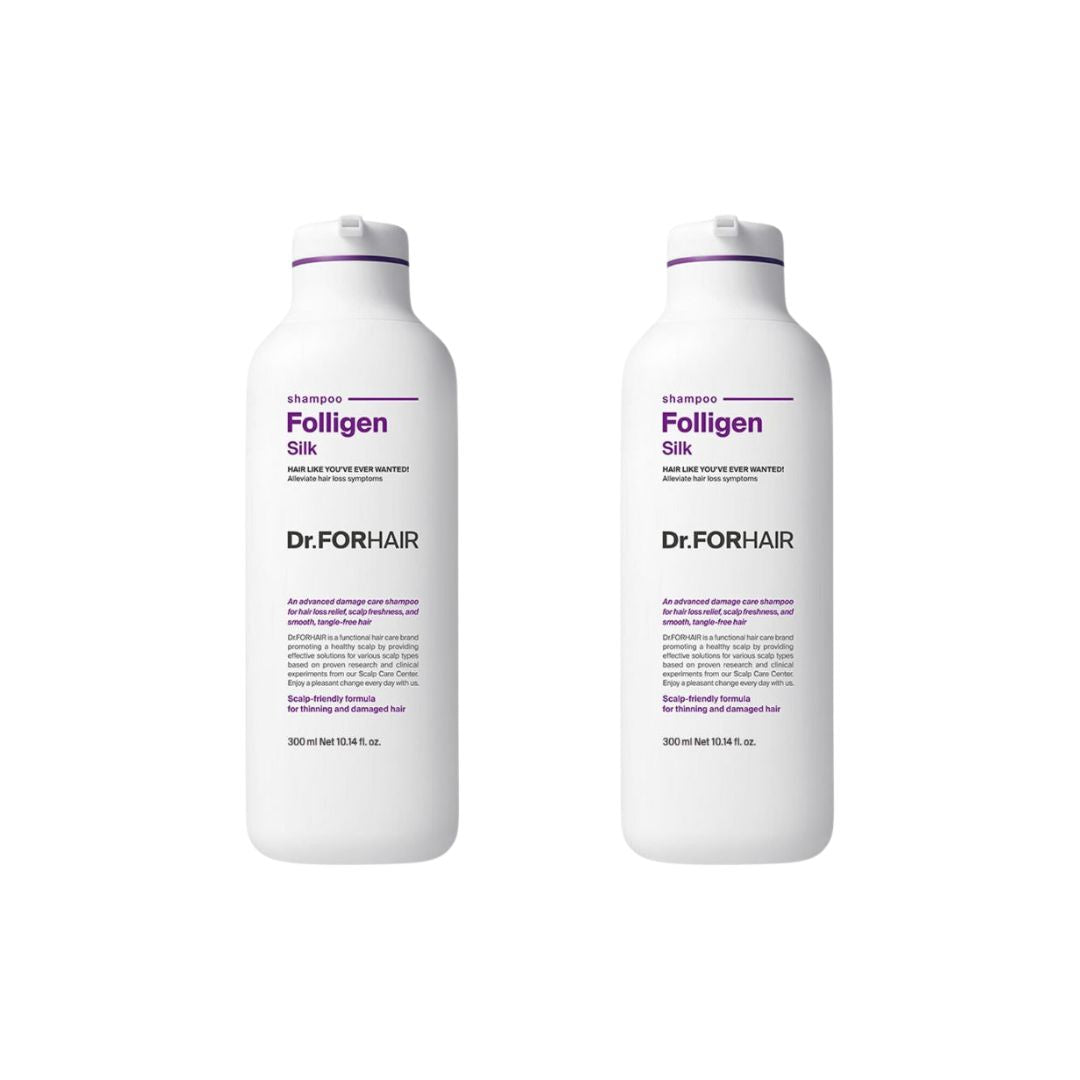 Twin pack of Dr.Forhair Folligen Silk Shampoo 300ml bottles, showcasing the sleek shampoo bottles in a bundle.