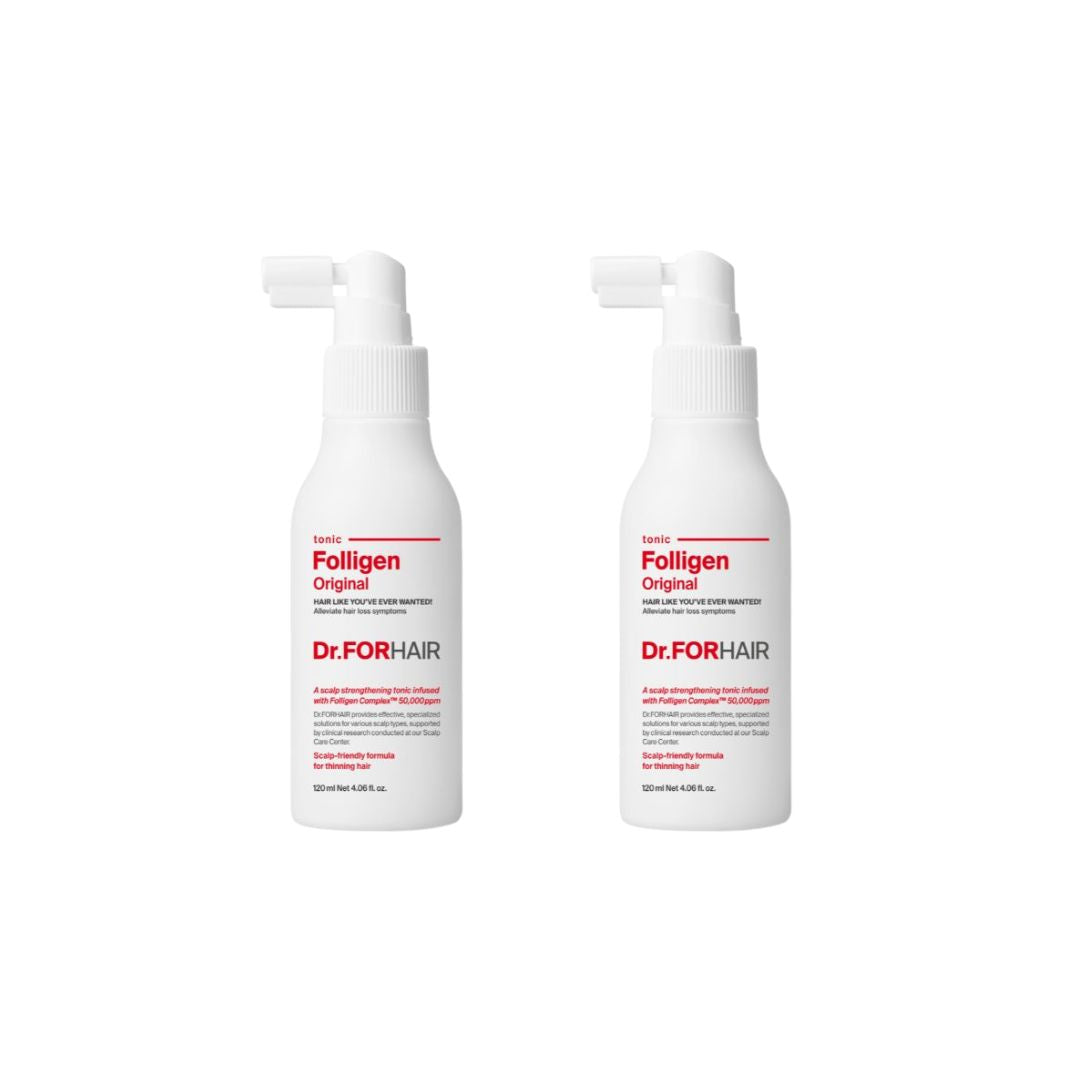 Twin pack of Dr.Forhair Folligen Tonic 120ml bottles, hair growth and scalp health treatment in a convenient bundle.
