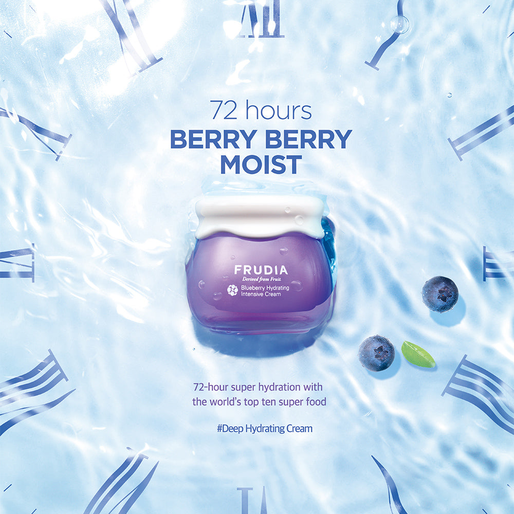 Frudia Blueberry Hydrating Intensive Cream face moisturizer in a jar, showcasing the blue cream and fresh blueberries.