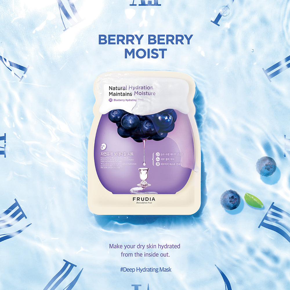 Frudia Blueberry Hydrating Sheet Mask with a blue and white packaging design, featuring a fresh blueberry illustration.