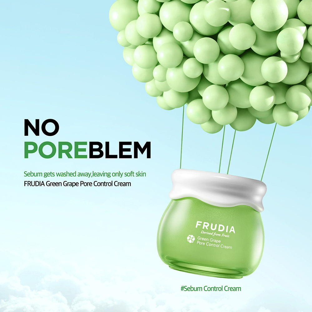Frudia Green Grape Pore Control Cream face moisturizer with green grape extract, shown in a sleek jar with a green and white label.