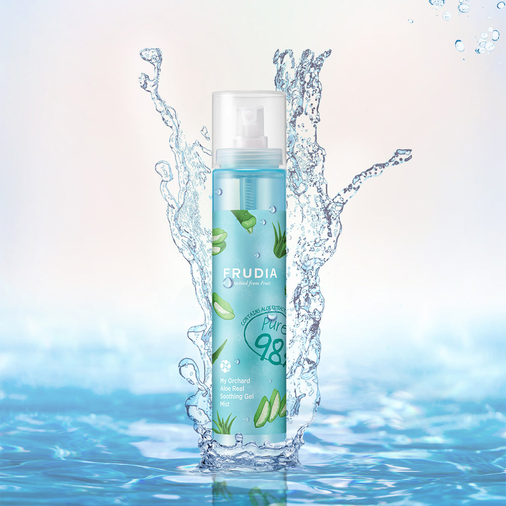 Frudia My Orchard Aloe Real Soothing Gel Mist in 125ml spray bottle, featuring clear packaging and a refreshing aloe formula.