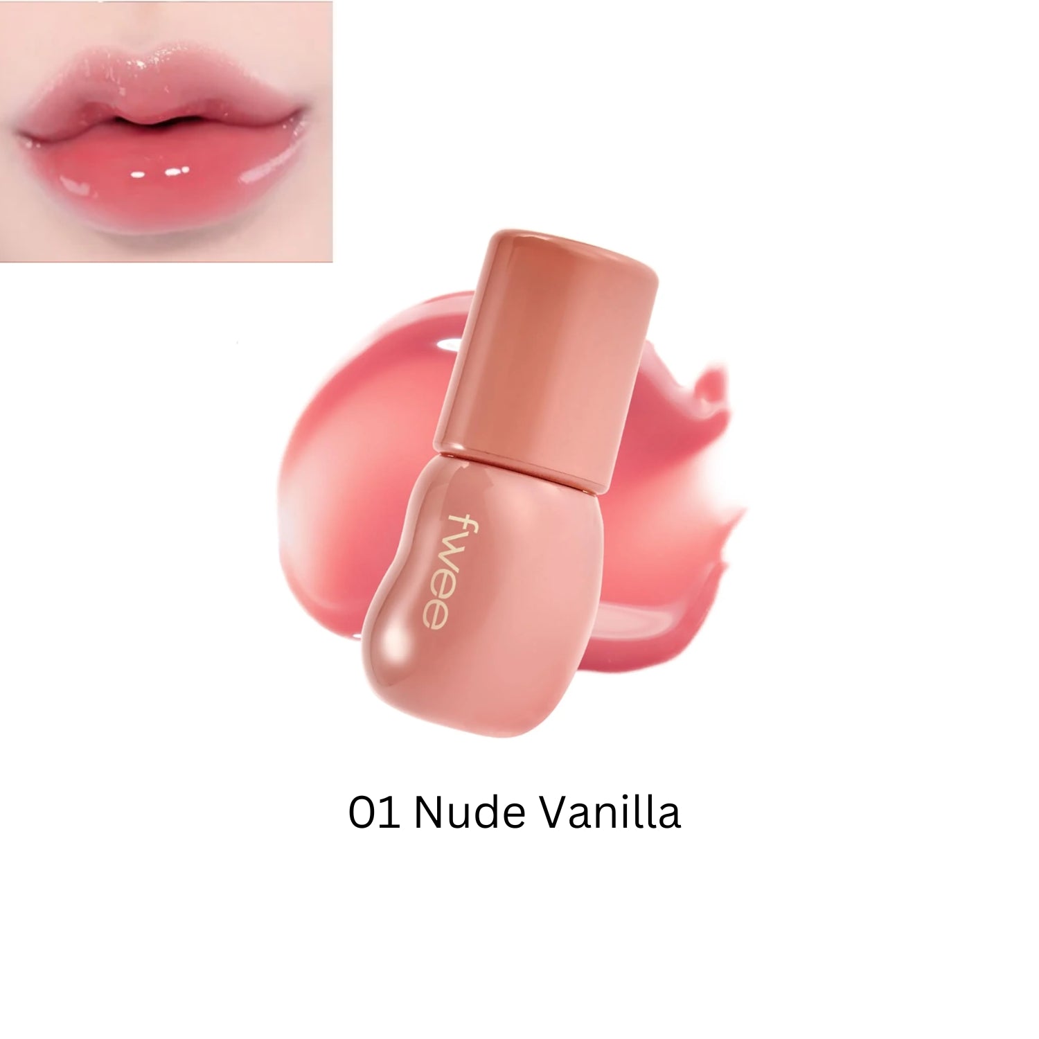 Fwee 3D Voluming Gloss 70% Lip Gloss in Nude Vanilla, showing the shiny, smooth applicator and glossy nude finish.